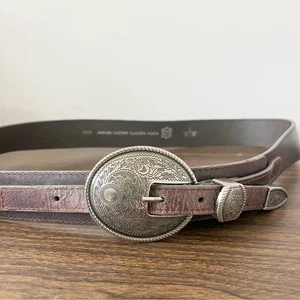 Echter brauner Ledergürtel mit Western silber verzierter Schnalle Italy Made L 36 - Bild 1 von 7