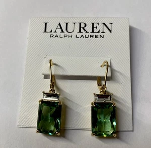 Lauren Ralph Lauren Gold Tone & Green Colored Square Crystal Drop Earrings NWT - Picture 1 of 5