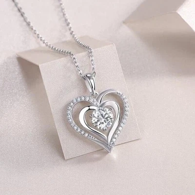 1.50 Ct Round Cut Moissanite Women's Double Heart Pendant 14K White Gold Plated - Image 1 of 4