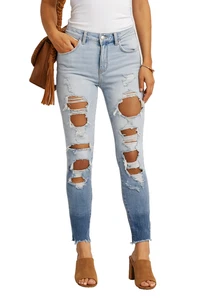 Pantalones de mezclilla American Eagle de tiro alto talla 8 lavado ligero extremadamente desgastados rasgados - Imagen 1 de 15