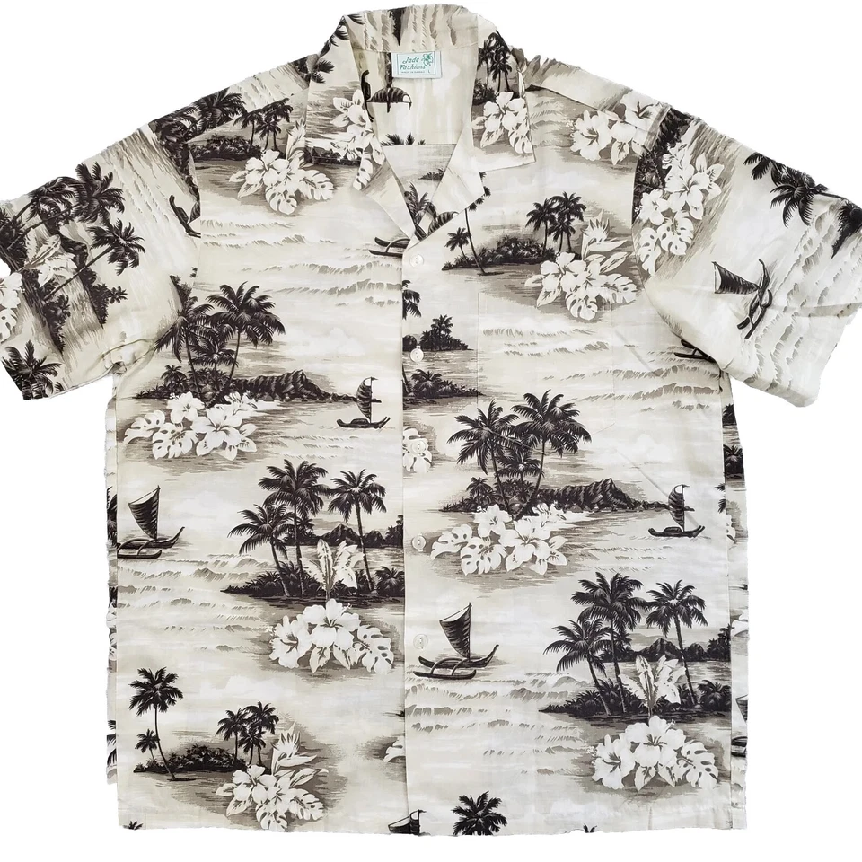 Camisa Hawaiana De Colección Moda Jade Para Hombres L Playa Floral Beige Gris Manga Corta EE. UU. Foto 1 de 4