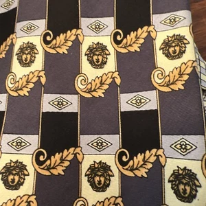 Vtg Authentic GIANNI VERSACE Black Gold Silver Silk Tie Medusa Baroque Italy - Picture 1 of 5