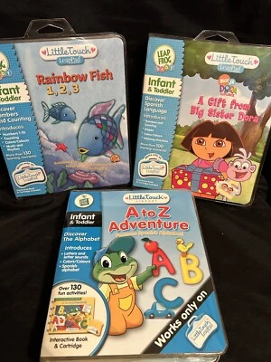 NEW 3 LeapFrog Baby Little Touch LeapPad SEALED Book & Cartridges Dora AtoZ Fish - Image 1 of 4