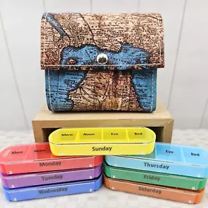 Pill Case 4x Day 1 Week Easy Open Travel Morn Noon Eve Bed VTG World Map Print - Picture 1 of 9
