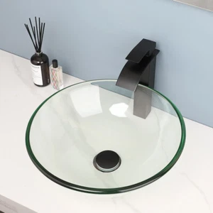 Round Bathroom Clear Glass Sinks Above Counter Basin Bowl Combo Faucet Drain Set - Picture 1 of 7