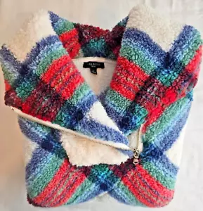 Talbots Ultra Plush Sherpa Fleece Shawl Zip Pullover Plaid Petite Large Women's - Picture 1 of 10