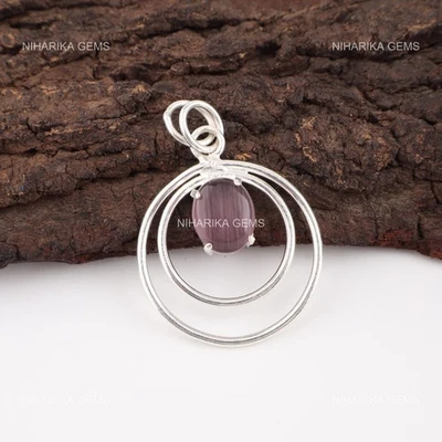 Pendente Unico In Argento Sterling Con Gemma A Occhio Di Gatto Viola - Immagine 1 di 4