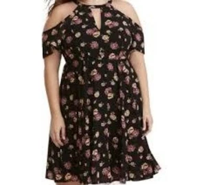 Vestido Halter Tórrido Floral Hombro Frío Línea A Talla 20 Forrado Negro Púrpura - Imagen 1 de 6