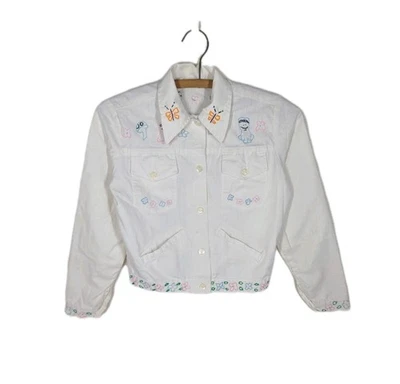 Chaqueta De Colección Años 70 Niños 8 10 Blanco Lona Bombardero Bordada a Mano Mariposa Rana Foto 1 de 4