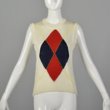 XS Cream Sweater Vest 1980s Preppy Argyle Sleeveless Ribbed Knit Costume 80s VTG