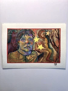 Original Small Art Portrait Drawing Surreal Expressive Quirky Postcard Mikah - Picture 1 of 5
