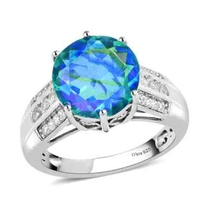 GORGEOUS 5.50ctw Peacock Quartz (Triplet) & Zircon Ring Platinum Plated Size 8 - Picture 1 of 6