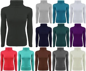 Womens Long Sleeve Turtle Roll Neck Cotton Knitted Jumper Ladies Pullover Top - Picture 1 of 12