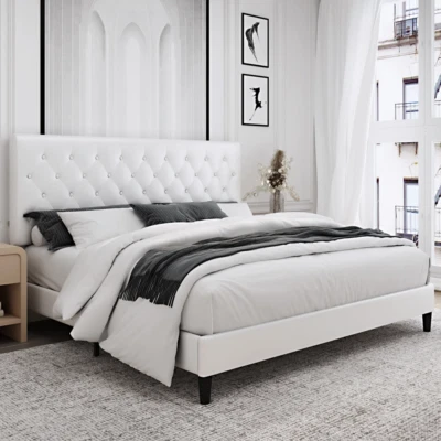 MODERNA Estructura De Cama Piel Sintetica Con Cabecero Plataforma Tapizada QUEEN - Imagem 1 de 4