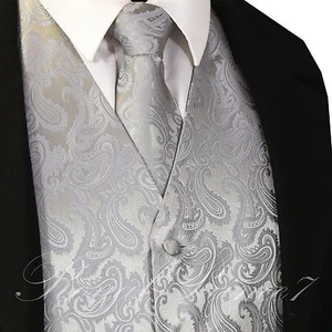 20-D SILVER XS - 6XL Paisley Tuxedo Suit Dress Vest Waistcoat & Neck tie Wedding - Picture 1 of 4