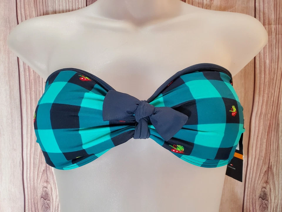 Tommy Hilfiger Navy & Green Check Bandeau Bikini Swim Top Sz Small  NWT NEW - Image 1 of 4