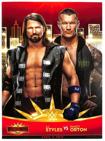 WWE AJ Styles vs Randy Orton WRESTLEMANIA 35 Match Card 11 x 15 poster Cover