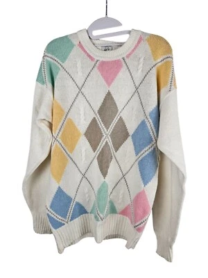 Vintage Van Heusen 417 Men's Medium Argyle Sweater Pastel Ivory - Image 1 of 4