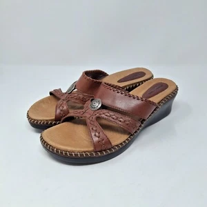 Minnetonka Brown Leather Sandals with Wedge Heel Women's Size 10 - Picture 1 of 15