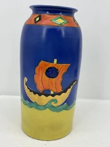 KINKOZAN Satsuma VASE Japanese Art Deco Blue Yellow Orange Ship RARE OOAK *586 - Picture 1 of 6