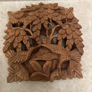 HANDGESCHNITZTES HOLZ Hochrelief 3D VOGEL/BAUM des LEBENS SZENE WANDDEKO Balinesisch 7,5" - Bild 1 von 6