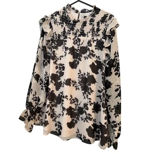 F&F Black White Floral Smocked Blouse UK12 Long Sleeve Ruffle Detail - Picture 1 of 7