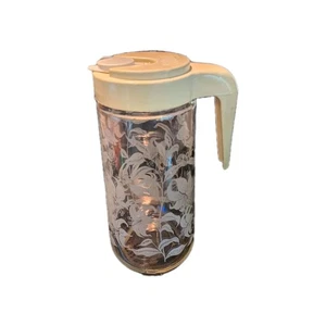 Vintage 1 Quart Glass Beverage Container – Floral Etched Design – Cream Lid with - Picture 1 of 8
