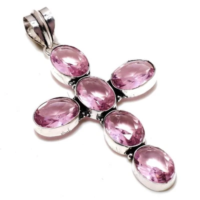 Impresionante colgante cruz ovalada de plata de ley 925 kuncita rosa 3,2" AAB 31 Foto 1 de 3
