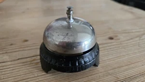 Antique Small Hotel Desk Call Bell, Cast Iron Base, Nickel Plated Bell  - Picture 1 of 4
