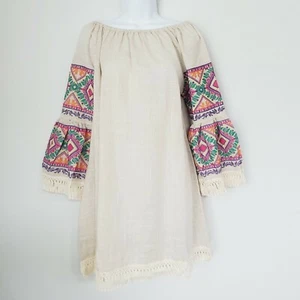 VELZERA NWT Med Beige Aztec Tribal BOHO Embroidery Floral Peasant Tunic - Picture 1 of 5