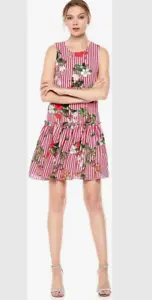 Nicole Miller Studio Red & White Stripe Floral Drop Waist Dress, Size 6 NWT - Picture 1 of 11