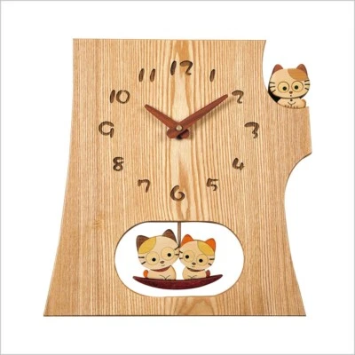 Hokkaido Kobo Pecker Wooden Wall Clock Cat Swinging Handcraft Pendulum Japan - Image 1 of 4