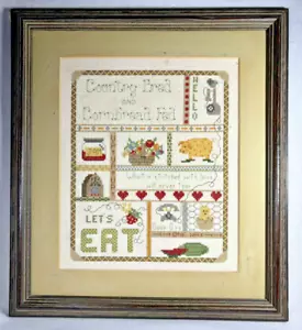 Vintage Let's Eat Country Hand Cross Stitch Picture & Frame 1987 (12"x14") - Picture 1 of 7