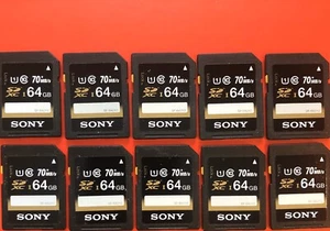 Lot en gros Sony 64 Go, classe 10 70 Mo/s SDXC UHS-I SF64UY2 authentique x 10 pièces - Photo 1 sur 3