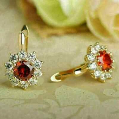 3.00Ct Lab-Created Red Ruby Round Cut Huggie Hoop Earring 14k Yellow Gold Plated - Image 1 of 4