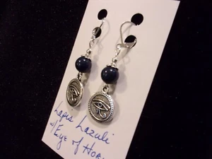 925 Natural Blue Lapis Lazuli w/Eye of Horus Leverback Earrings - Picture 1 of 5