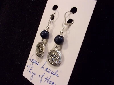925 Natural Blue Lapis Lazuli w/Eye of Horus Leverback Earrings - Image 1 of 4