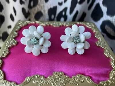 Betsey Johnson Blue Label Collection Glitter Silver White Rose Flower Earrings - Image 1 of 2