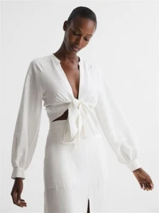 REISS Womens Axelle Tie Front Cropped Blouse Top in White UK Size 6 - Picture 1 of 6