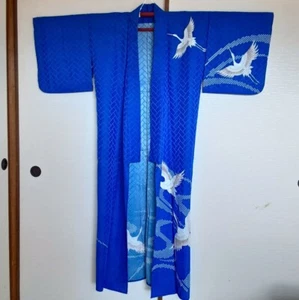 Authentic Japanese kimono, Crane kimono Blue 62” - Picture 1 of 8