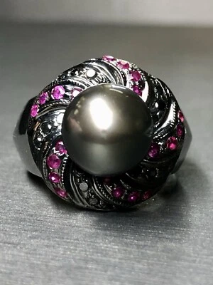 Anillo de cóctel Estate 14K perla de Tahití diamante negro rubí 10,50 mm talla 9,25 Foto 1 de 4