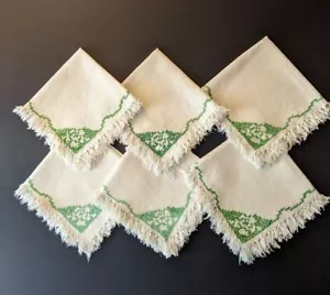 Vtg Linen Napkins Set of 6 Cream Green Hand Cross Stitch Embroidery Fringe 14" - Picture 1 of 6