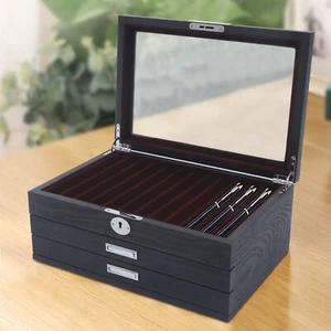 34 Slots Fountain Pen Display Box Wood Fountain Pen Display Case Holder W/ Key - Picture 1 of 11