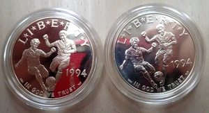 Lot (2) 1994 World Cup USA Silver Dollars 1994-S PROOF & 1994-D UNC in capsules - Picture 1 of 6