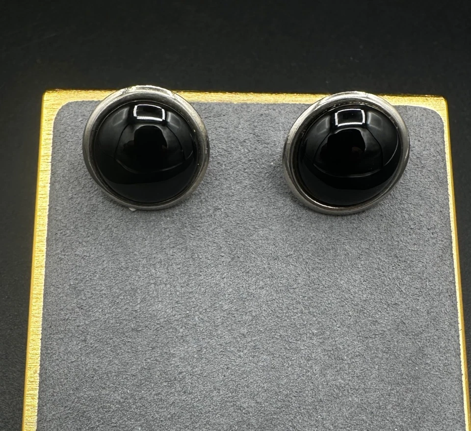 Vintage Round Black Onyx and Silver tone Clip On Stud Earrings Women Y2K 90s 80s - Image 1 of 4