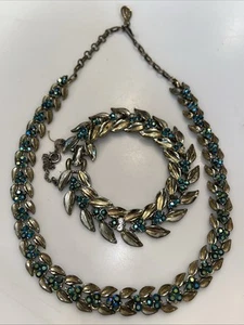 Vintage signiertes Coro Demi-Parure Halskette & Armband Set TEAL PFAU Steine goldfarben - Bild 1 von 10