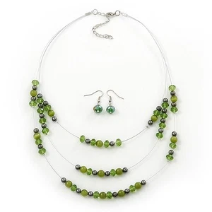 Green/Olive/Hematite Bead Multistrand Floating Necklace & Drop Earrings Set In - Picture 1 of 6