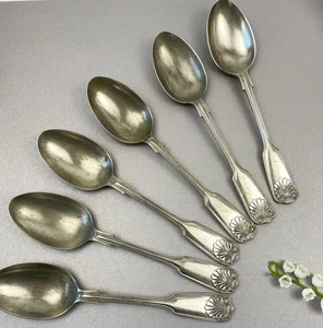Vintage Silverplate Dessert Spoons Set of 6 Shell & Thread Pattern 18cm Scroll - Picture 1 of 11