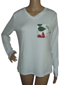 Pajama Top Womens Size Small white v-neck long sleeve floral pocket soft cotton - Picture 1 of 10
