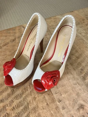 De Colección Charles Jourdan Paris Plataforma PeepToe Tacones Cuero Blanco y Rojo Rosa Talla 8 Foto 1 de 4
